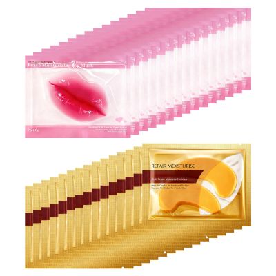 30 Pairs Lip Masks & 24K Gold Eye Masks,Party Supplied Lip & Eye Pads Skin Care,Crystal Collagen Gel Under Eye Patches,Moisturizing Cooling Skin Lines Dark Circles,Nourishing Mask for Dry Lips