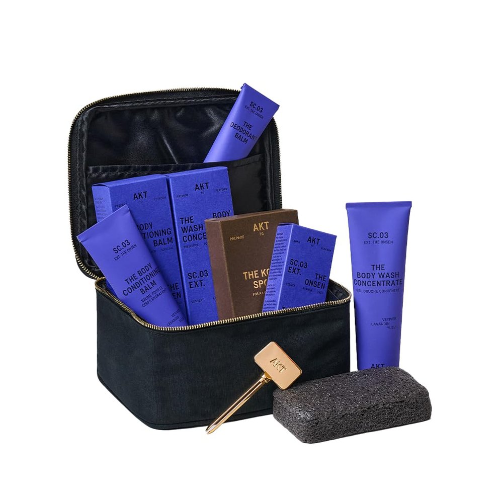 AKT The Ensemble Body Care 6-Piece Gift Set: Deodorant Balm 50ml, Body Wash Concentrate 100ml, Body Conditioning Balm 100ml, Tube Squeezer, Shower Sponge, 03 The Onsen Scent Range, Travel Essentials