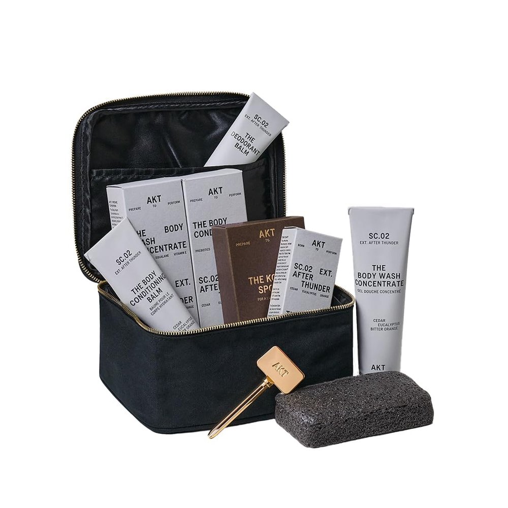 AKT The Ensemble Body Care 6-Piece Gift Set: Deodorant Balm 50ml, Body Wash Concentrate 100ml, Body Conditioning Balm 100ml, Tube Squeezer, Shower Sponge, 02 After Thunder Scent, Travel Essentials