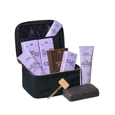AKT The Ensemble Body Care 6-Piece Gift Set: Deodorant Balm 50ml, Body Wash Concentrate 100ml, Body Conditioning Balm 100ml, Tube Squeezer, Shower Sponge, 05 Columbia Road Scent, Travel Essentials