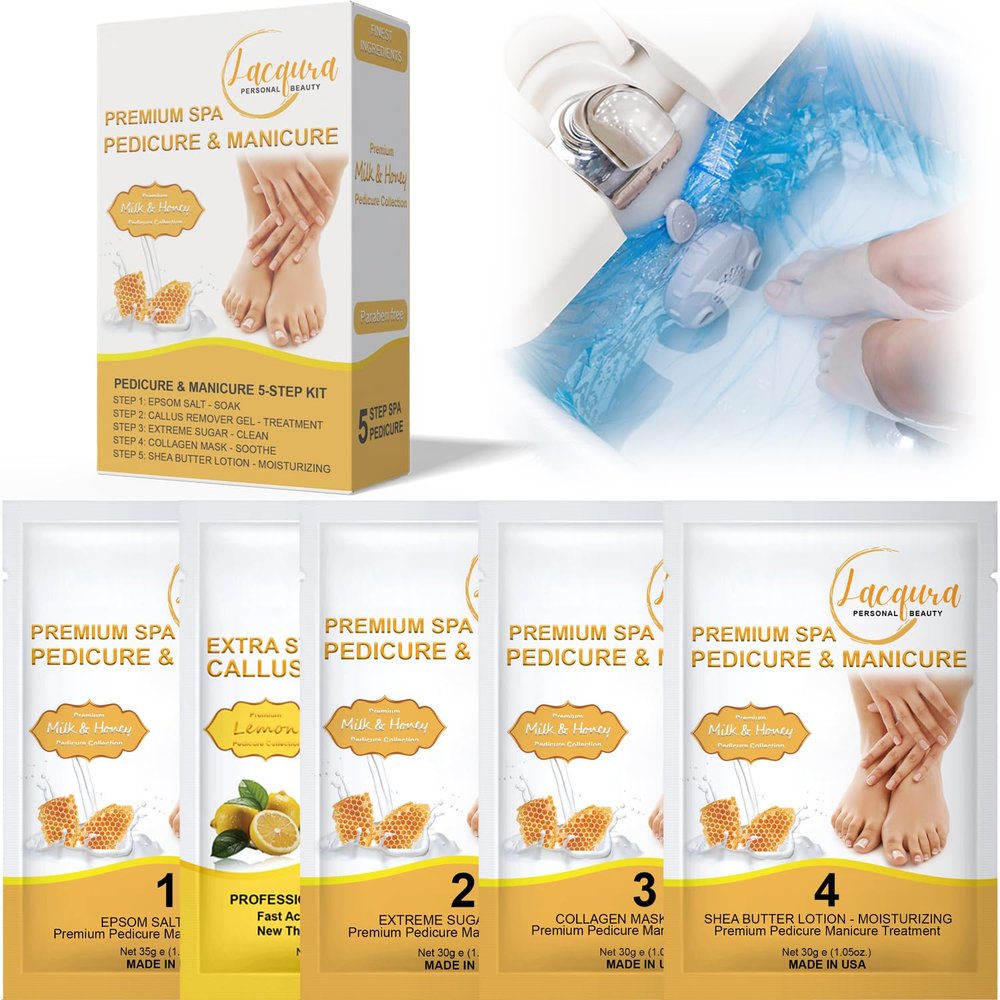 Epsom Salt Soak, Callus Remover Gel, Extreme Sugar Scrub, Collagen Mask & Shea Butter Lotion  Professional Spa Foot Care System 5 Step Luxury Pedicure Kit. Milk & Honey 20 Set
