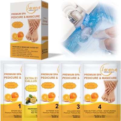 Epsom Salt Soak, Callus Remover Gel, Extreme Sugar Scrub, Collagen Mask & Shea Butter Lotion  Professional Spa Foot Care System 5 Step Luxury Pedicure Kit. Orange 50 Set