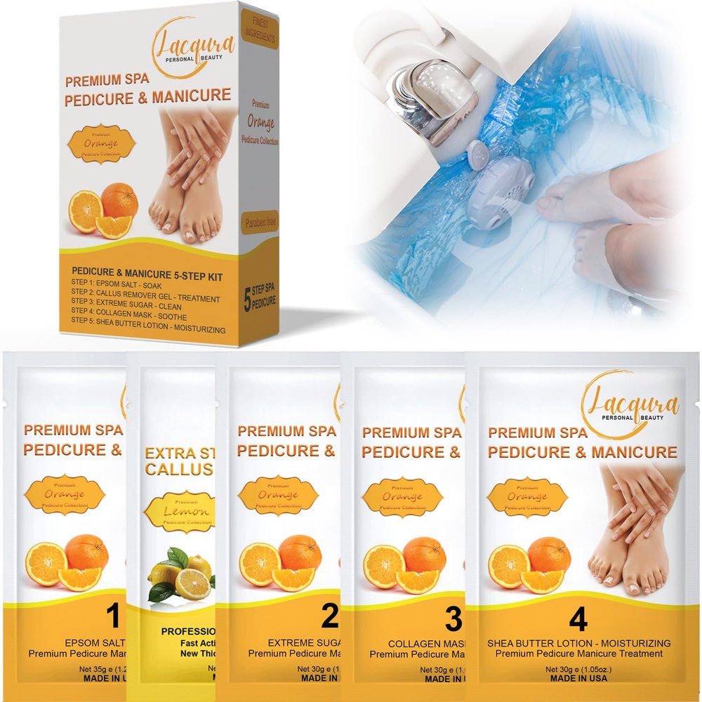 Epsom Salt Soak, Callus Remover Gel, Extreme Sugar Scrub, Collagen Mask & Shea Butter Lotion  Professional Spa Foot Care System 5 Step Luxury Pedicure Kit. Orange 50 Set