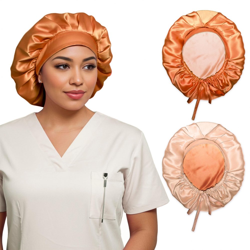100% Mulberry Silk Medical Bonnet  Adjustable 19 Momme Double-Layer Reversible Hair Wrap  Stay-On Nurse Bonnet for Women, Long Curly Hair, Natural Hair Care, Real Silk Medical Cap  Handmade in USA (Copper)