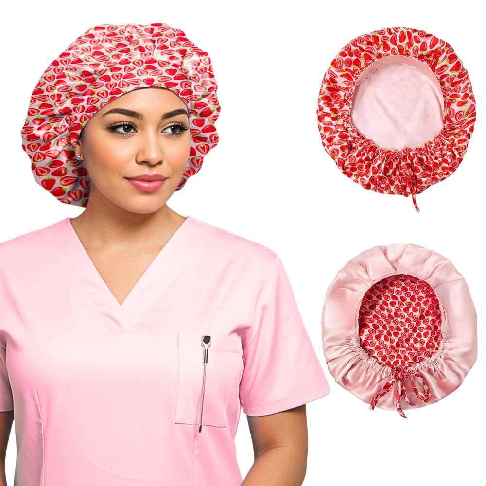 100% Mulberry Silk Medical Bonnet  Adjustable 19 Momme Double-Layer Reversible Hair Wrap  Stay-On Nurse Bonnet for Women, Long Curly Hair, Natural Hair Care, Real Silk Medical Cap  Handmade in USA (Strawberry)