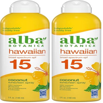 Alba-Botanica's Sunscreen Spray for Face and Body, Broad Spectrum SPF 15 Sunscreen, Hawaiian Coconut, Water Resistant and Biodegradable, 5 fl. oz. Bottle (Pack of 2)