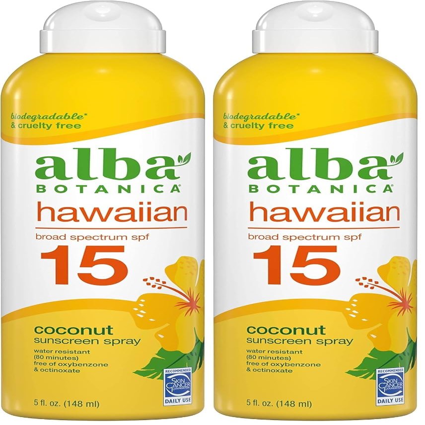 Alba-Botanica's Sunscreen Spray for Face and Body, Broad Spectrum SPF 15 Sunscreen, Hawaiian Coconut, Water Resistant and Biodegradable, 5 fl. oz. Bottle (Pack of 2)