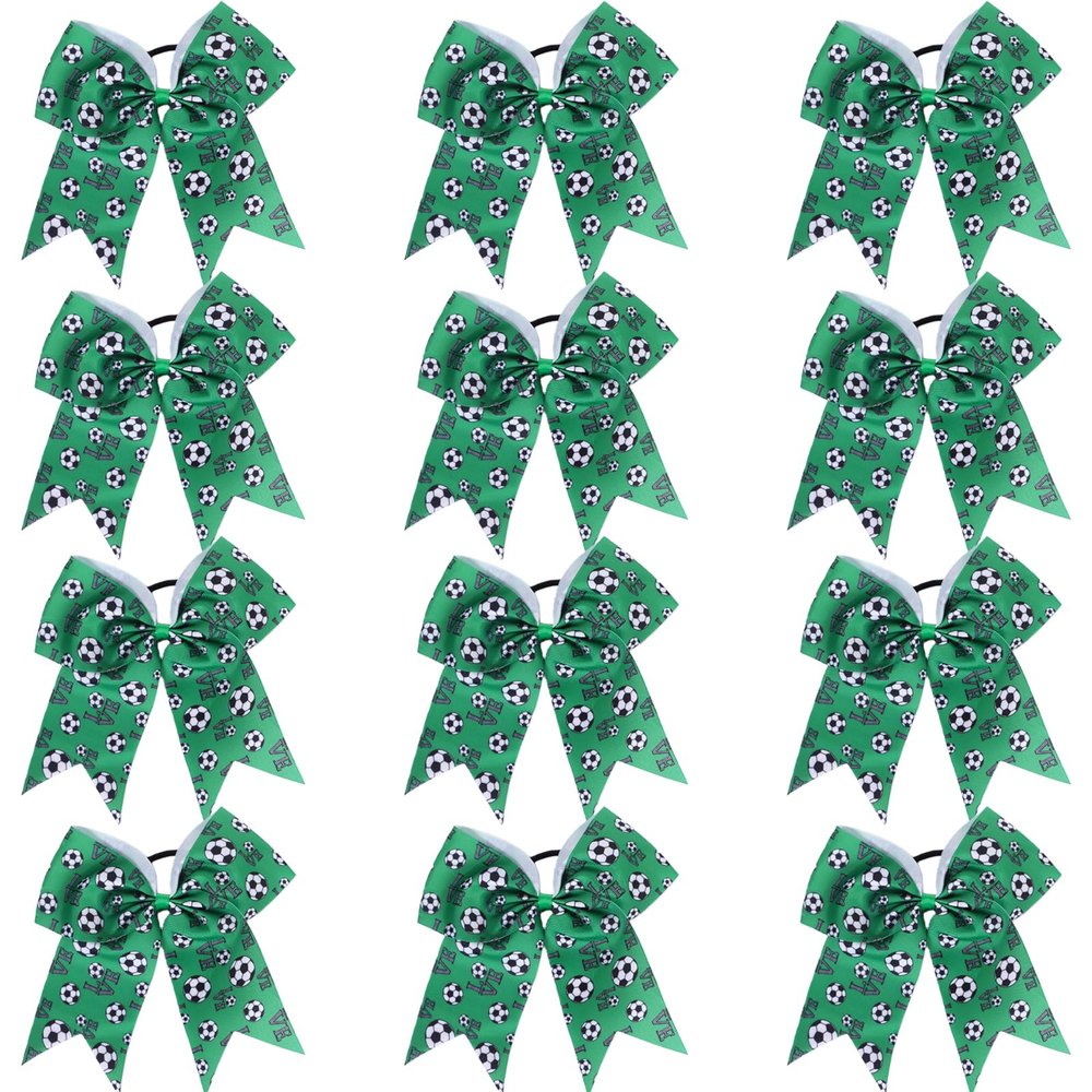 12 PCS Softball Soccer Cheer Bows, Sparkly Rugby Hair Bows with Elastic Hair Ties Accessories for Teens Girls Women Cheerleading Softball Competition Sports (Green Soccer)