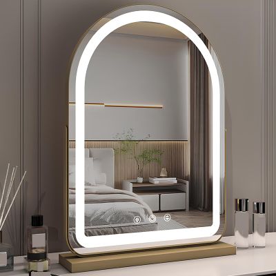 Arched Lighted Makeup Mirror, Large Vanity Mirrors LED, Three Color Modes, Smart Touch Control, 360Rotation, Table Mirror with Light for Bedroom, Dressing Table(Gold,52 * 74cm/20.4 * 29.1in)
