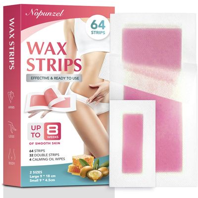 Wax Strips: 64 Waxing Strips - Hair Removal Wax - Brazilian Waxing - Waxing Kit for Women - Body Legs Arms Chest Bikini Back - Wax Kit At Home for Hair Removal - 4 Calming Oil Wipes - 2 sizes