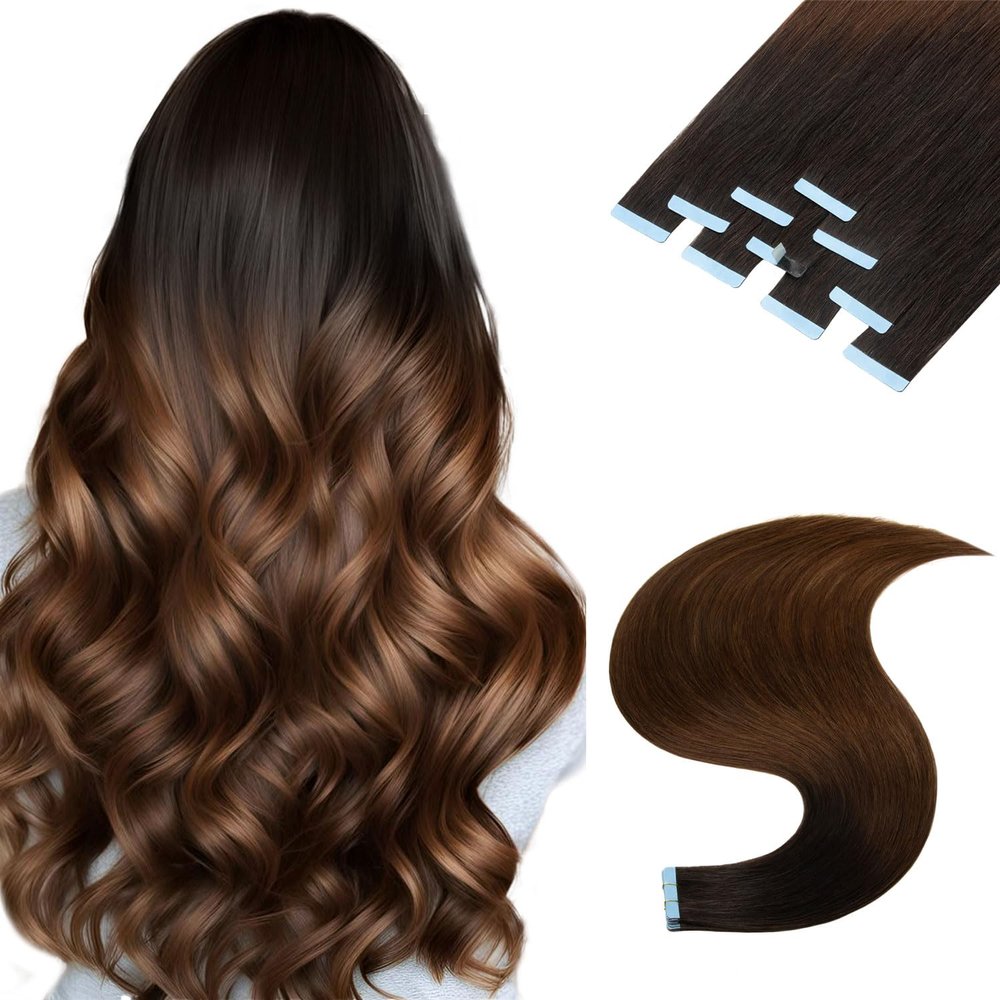 Tape in Hair Extensions Human Hair 14 Inch,Invisible Seamless Remy Human Hair Extensions,Silky Straight with Thick Ends Tape Ins for Women 20Pcs 50G#T1b-4 Omber Off Black/Middle Brown