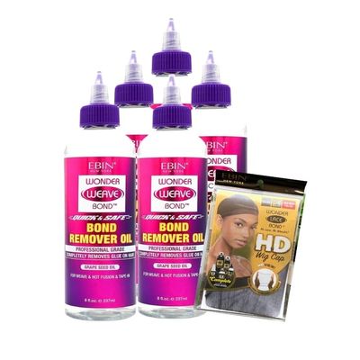 5x Wonder Weave Bond Remover Oil & HD Lace Cap  Quick & Safe Hair Glue Remover for Extensions + 1x High-Definition Wig Cap for Natural Look and Comfort  Gift Set (6 Items)