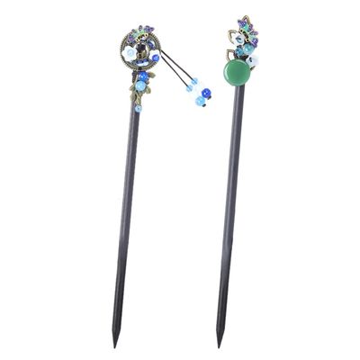 2 Pcs Chinese Hair Sticks for Women Wooden Japanese Hair Chopsticks Accessories Retro Red Cherry Clips Handmade Flower Tassel Geisha Costume for Girls Long Hair (Blue)