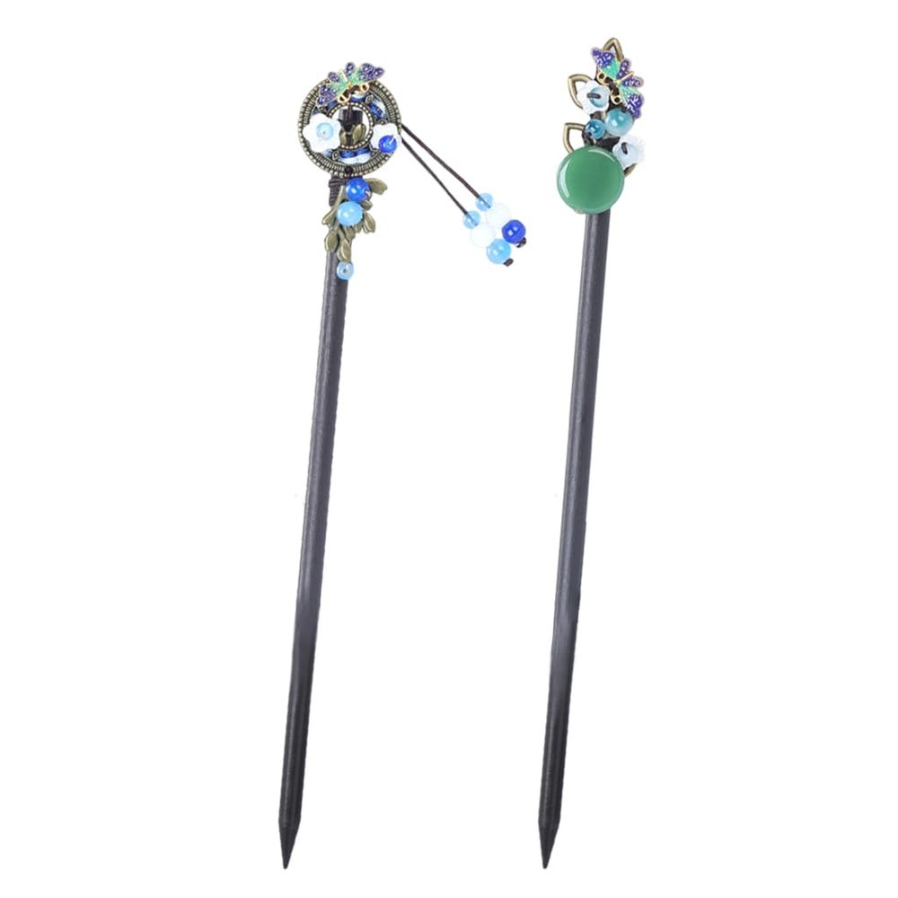 2 Pcs Chinese Hair Sticks for Women Wooden Japanese Hair Chopsticks Accessories Retro Red Cherry Clips Handmade Flower Tassel Geisha Costume for Girls Long Hair (Blue)