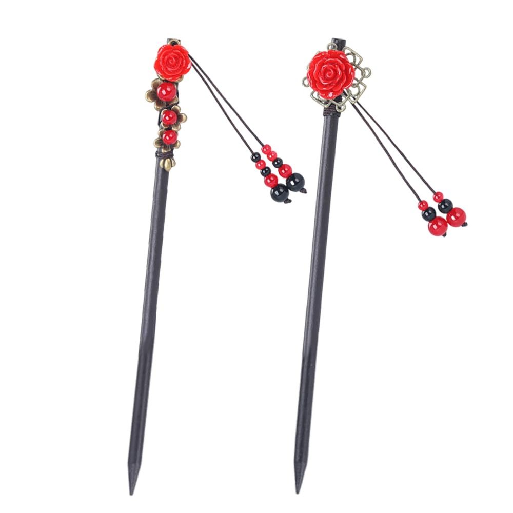2 Pcs Chinese Hair Sticks for Women Wooden Japanese Hair Chopsticks Accessories Retro Red Cherry Clips Handmade Flower Tassel Geisha Costume for Girls Long Hair (Red)