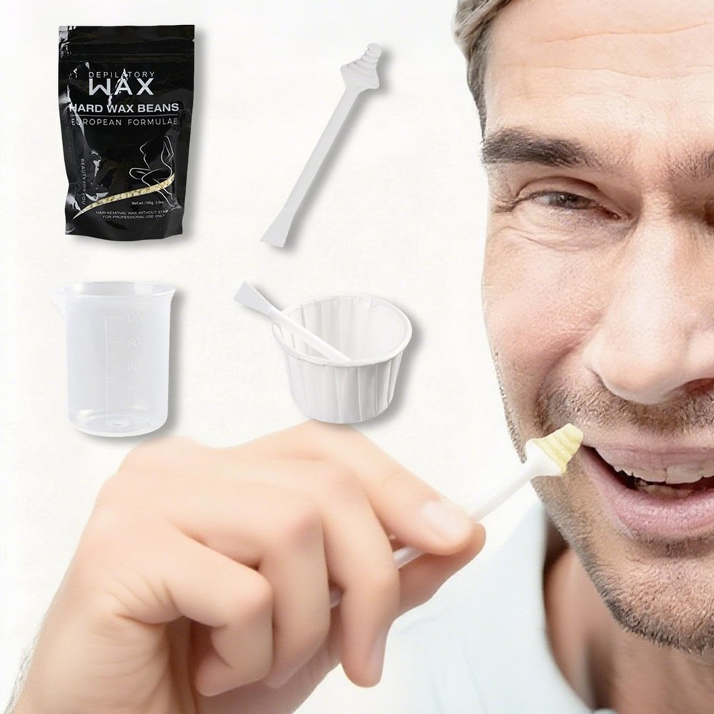 Nose Wax Kit for Men & Women - 100g Hair Removal Wax Beads with 20 Applicators, 10 Paper Cups, Mustache Stencils & Measuring Cup - At-Home Nose Hair Removal Kit