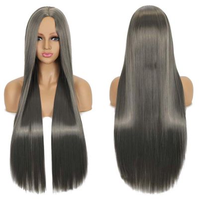 S_SSOY 80cm/31 Long Straight Hair Wigs,Middle Center Parted Bangs Cosplay Wig for Womens Party Halloween Cosplay Costume Daily Wig (Dark Grey)