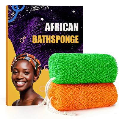 2 Pieces African Net Sponge Authentic, Durable Back Scrubber Washcloth for Shower, Exfoliating Net Sponge for All Skin, Bathing Accessories for Women (Orange and Green)