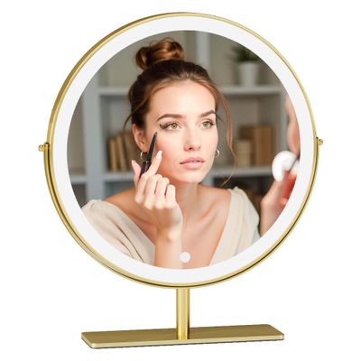12.2-inch Round Dressing Mirror, Household and Student Dormitory Makeup Mirror, Three-Color LED Light, Smart Touch 360 Rotation, dimmable (Golden)