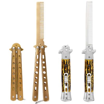 2 Pieces Practice Combs, Stainless Steel Butterfly Comb, Automatic Folding Pocket Comb for Hair & Mustache Styling - Yellow