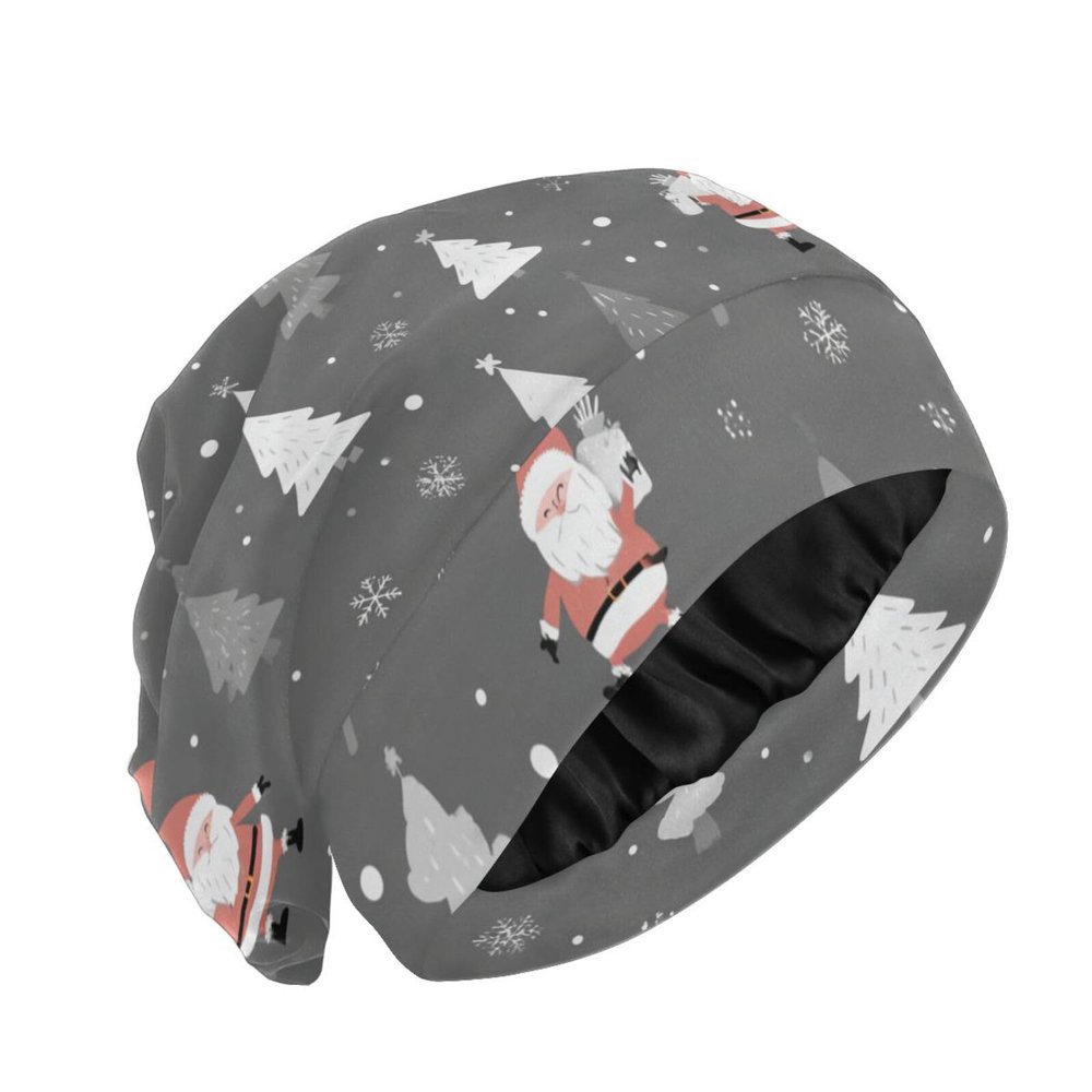 ElliTarr Hair Bonnet for Sleeping Satin Lined Sleep Cap Hair Wrap Cover Slouchy Beanie for Curly Hair Protection Men Women Grey Santa Claus Snowflake Trees