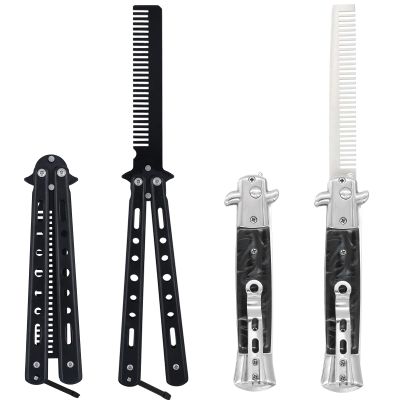 2 Pieces Folding Combs, Automatic Butterfly Comb, Pocket Comb for Hair & Beard Styling - Black