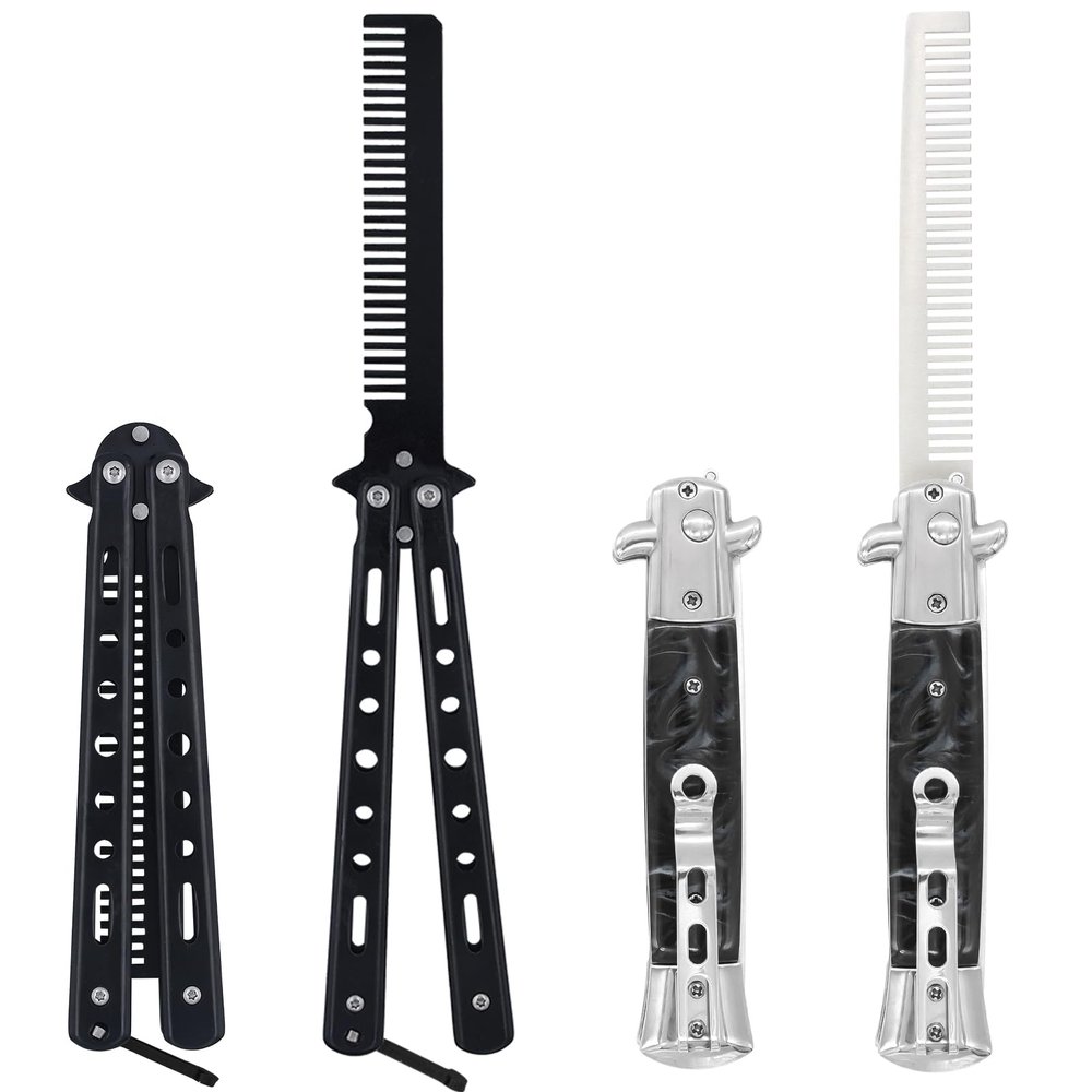 2 Pieces Folding Combs, Automatic Butterfly Comb, Pocket Comb for Hair & Beard Styling - Black