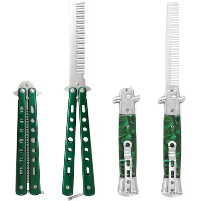2 Pieces Automatic Switch Folding Practice Combs, Stainless Steel Butterfly Comb, Outdoor Training Pocket Combs, Hair Brush for Beard & Mustache - Green