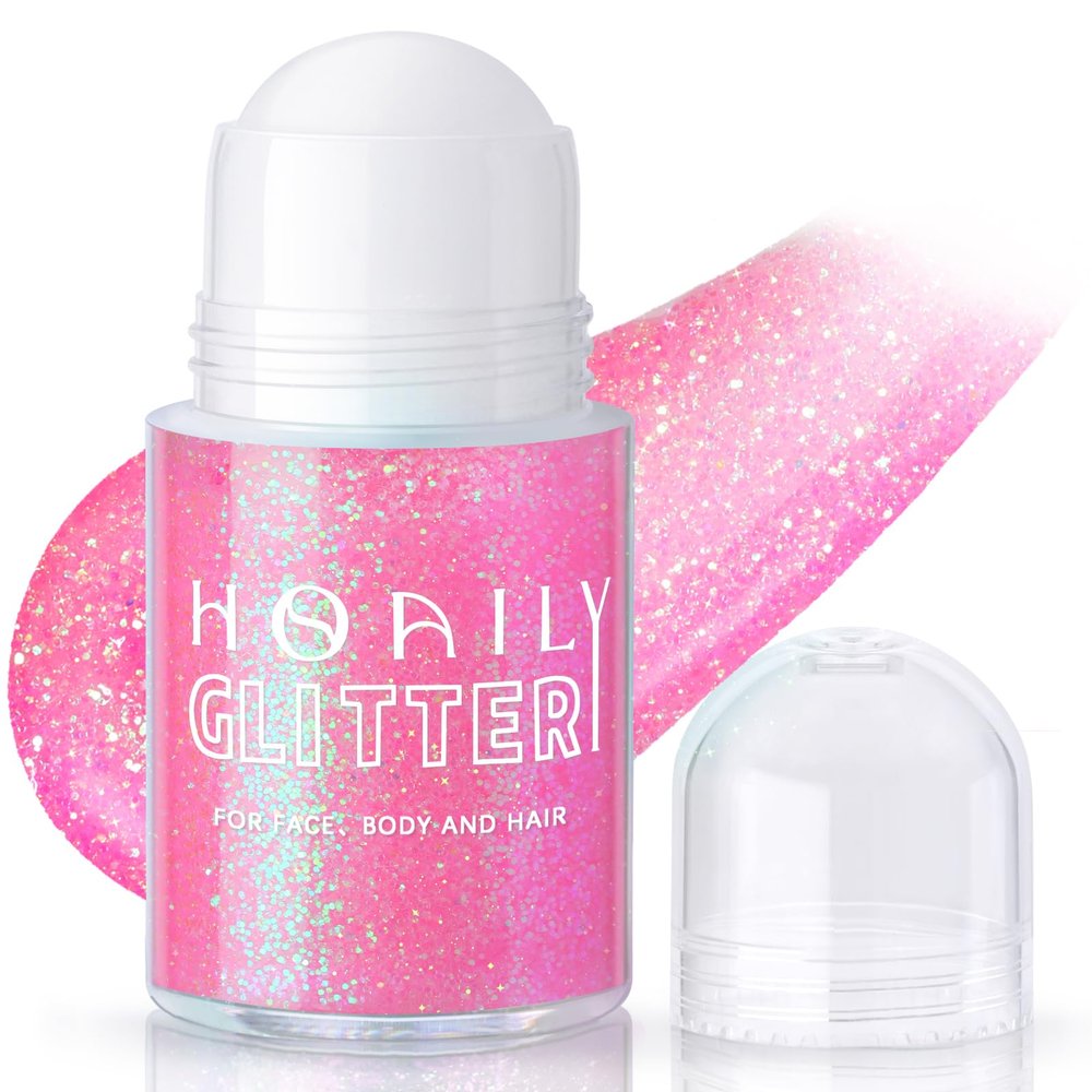 HOSAILY Roll-on Holographic Pink Body Glitter Gel for Face Hair, Chameleon Color Changing Glitter Gel Under Light, Chunky Mermaid Sequins Festival Party Rave Accessories Shimmer Halloween Makeup