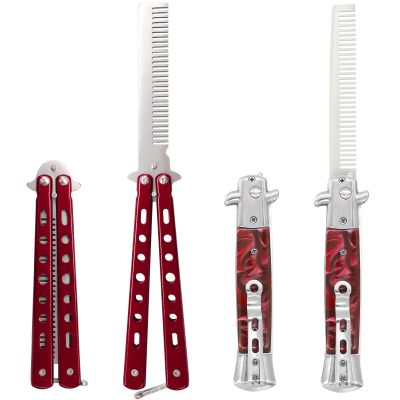 2 Pieces Automatic Folding Switch Combs, Stainless Steel Butterfly Comb, Hair & Beard Brush for Men - Red