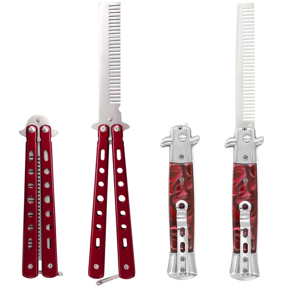 2 Pieces Automatic Folding Switch Combs, Stainless Steel Butterfly Comb, Hair & Beard Brush for Men - Red