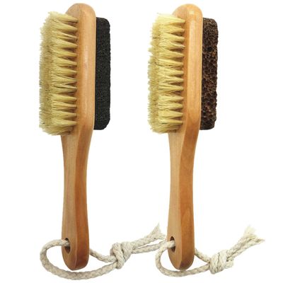 YIOYOODA Natural Lava Pumice Stone for Feet with Brush, 2 Pcs Callus Remover Foot Scrubber Exfoliator Pedicure Tools for Hard Dead Skin, Smoother Feet, Double Sided Boar Bristles Wooden Handle, Random