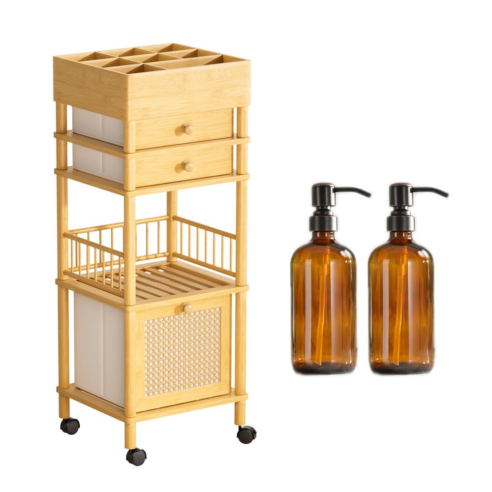 Amazer Bamboo Makeup Organizer with 3 Drawers for Storage, 2 Glass Amber Glass Soap Dispensers for Hand Sanitiser, Shampoo, Lotion, Shower Gel Conditioner