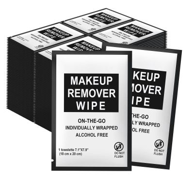 FAOEHN Makeup Remover Wipes Individually Wrapped Pack of 50,Avocado Scent 7x7.9 inch Black Travel Size Facial Cleansing Wipes Towelette for Face Cleansing,Skin Care,Hotel,Camping,Gym,Office