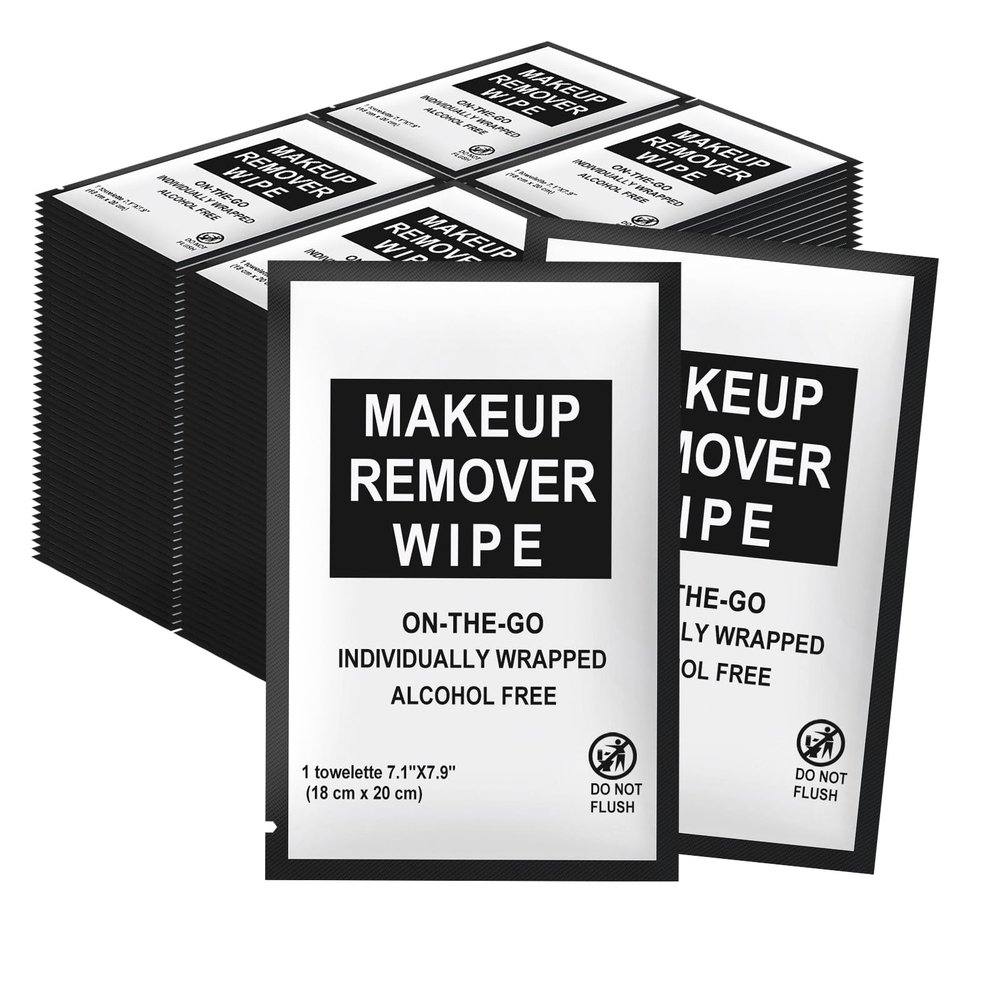 FAOEHN Makeup Remover Wipes Individually Wrapped Pack of 50,Avocado Scent 7x7.9 inch Black Travel Size Facial Cleansing Wipes Towelette for Face Cleansing,Skin Care,Hotel,Camping,Gym,Office
