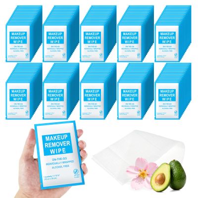 FAOEHN Makeup Remover Wipes Individually Wrapped Pack of 100,Avocado Scent 7x7.9 inch Blue Travel Size Facial Cleansing Wipes Towelette for Face Cleansing,Skin Care,Hotel,Camping,Gym,Office