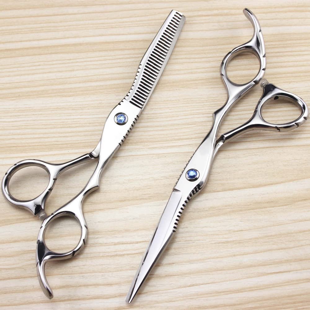 Professional Hair Cutting Shears, Professional Japan 440c steel 6 inch Blue gem hair cutting scissors haircut thinning barber tools cut shears hairdresser scissors kit (Color : Set)