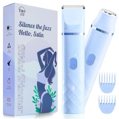 Pubic Hair Trimmer for Women, IPX7 Waterproof, Painless Rechargeable Bikini Trimmer for Women, 2-in-1 Facial & Pubic Hair Removal for Sensitive Skin, Ceramic Blade, Cordless Portable Travel Size, Blue