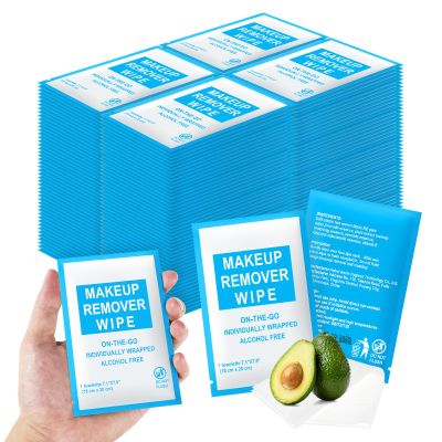 FAOEHN Makeup Remover Wipes Individually Wrapped Pack of 200,Avocado Scent 7x7.9 inch Blue Travel Size Facial Cleansing Wipes Towelette for Face Cleansing,Skin Care,Hotel,Camping,Gym,Office