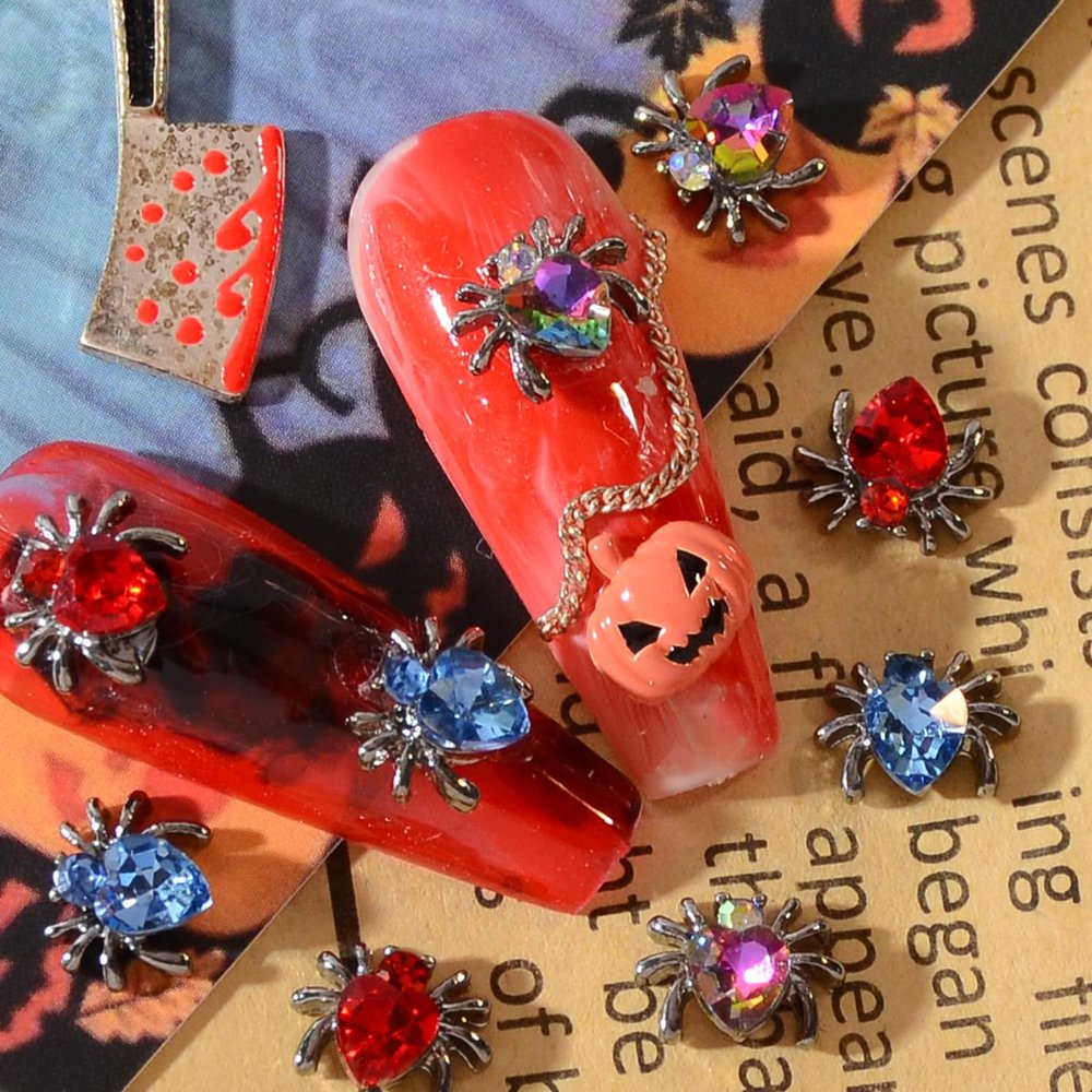 BAIYIYI 20Pcs 3D Spider Nail Charms, Gothic Acrylic Nails Decorations with Rhinestones, Halloween Manicure Jewelry, Black Red Blue Spider Studs for Nail Art DIY Accessories (Blue)