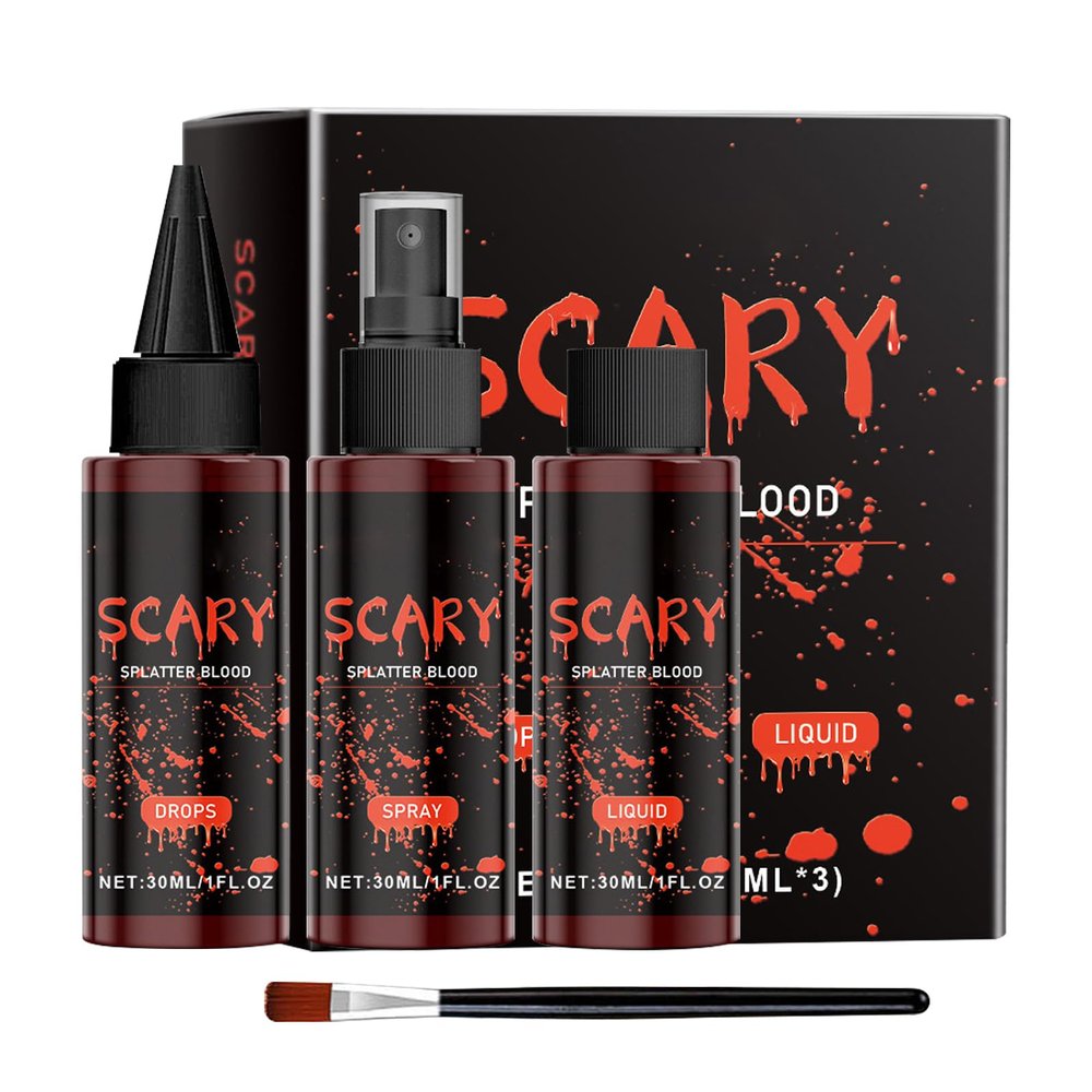 AOYEBO Halloween Fake Blood Kit - 4-Piece Washable Fake Blood Spray with Dropper & Brush for SFX Makeup and Zombie Cosplay