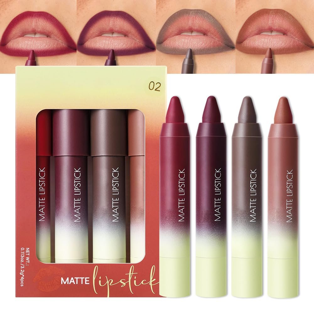 BINGBRUSH 4PCS 2in1 Matte Lip Liner and Lipstick Combo, Lipsticks for Women, Longwear Waterproof Lip Liner Pencil, Matte lipstick Smudge Proof, Women's Long Lasting Lip Makeup (Set02 05#+06#+07#+08#)