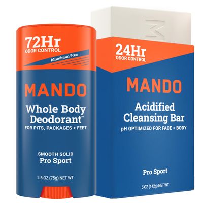 Mando Whole Body Deodorant Two Piece System - 2.6 oz Smooth Solid Stick & 5.0 oz 4 in 1 Acidified Cleansing Bar - Aluminum & Baking Soda Free Odor Control - Doctor Developed - 2 pc Bundle (Pro Sport)