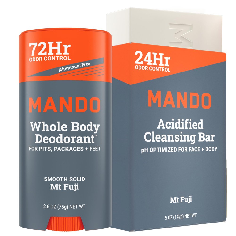 Mando Whole Body Deodorant Two Piece System - 2.6 oz Smooth Solid Stick & 5.0 oz 4 in 1 Acidified Cleansing Bar - Aluminum & Baking Soda Free Odor Control - Doctor Developed - 2 pc Bundle (Mt Fuji)