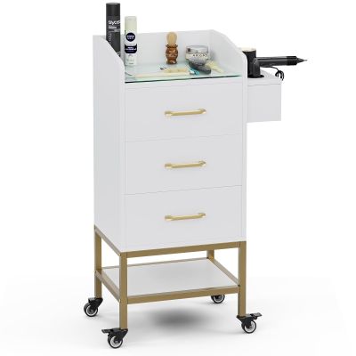 SIKHST 4-Tier Salon Station for Hair Stylist,White Beauty Barber Storage Station w/Glass Top, 3 Drawers, Hair Dryer Holders, Lockable Wheels for Barber Station, Salon Storage Equipment