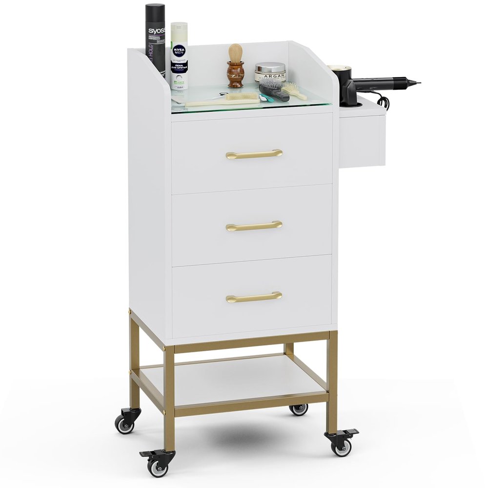 SIKHST 4-Tier Salon Station for Hair Stylist,White Beauty Barber Storage Station w/Glass Top, 3 Drawers, Hair Dryer Holders, Lockable Wheels for Barber Station, Salon Storage Equipment
