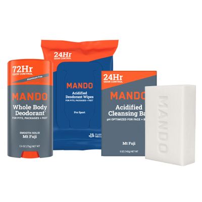 Mando Whole Body Deodorant 3 Piece System - 2.6 oz Smooth Solid Stick, 5.0 oz 4in1 Acidified Cleansing Bar, & 15 ct Deodorant Wipes - Aluminum & Baking Soda Free Odor Control - 3 pc Bundle (Mt Fuji)