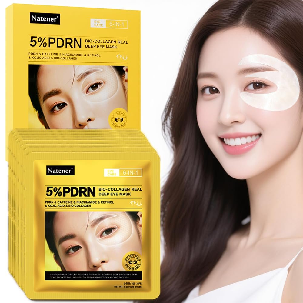 8 Pairs 5% PDRN Under Eye Patches, 6-in-1 Bio-Collagen 360 Eye Patches for puffy eyes, dark circles & Wrinkle | 2% Caffeine, Kojic acid, Retinol, Hyaluronic, Niacinamide | Korean Popular Eye Mask