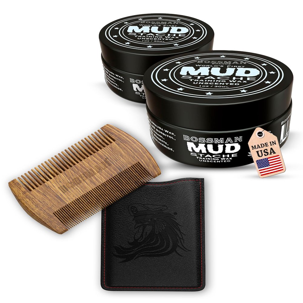 Bossman Sandalwood Comb + 2 Pack MUDstache Mustache Wax Bundle Wide Tooth Comb for Beard with Strong 24-Hours Hold Taming & Styling Wax