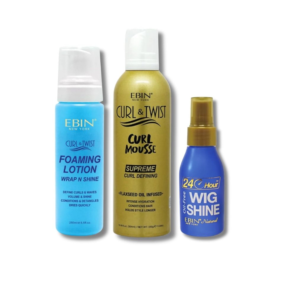 EBIN NEW YORK Synthetic Wig Spray  Curl & Twist Foaming Lotion Original 250ml and Curl Defining Mousse 354ml Bundle with 24 Hour Shine Spray 2oz/60ml Styling Foam & Wig Shine Gift Set (3 Items)